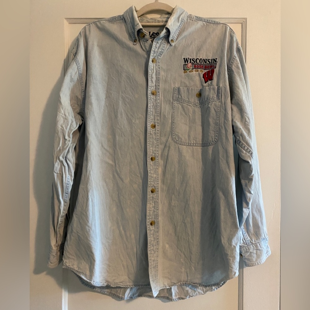 VTG Lee Sport Nutmeg Mills Wisconsin Badgers Rose Bowl 2000 Denim Shirt Size XL